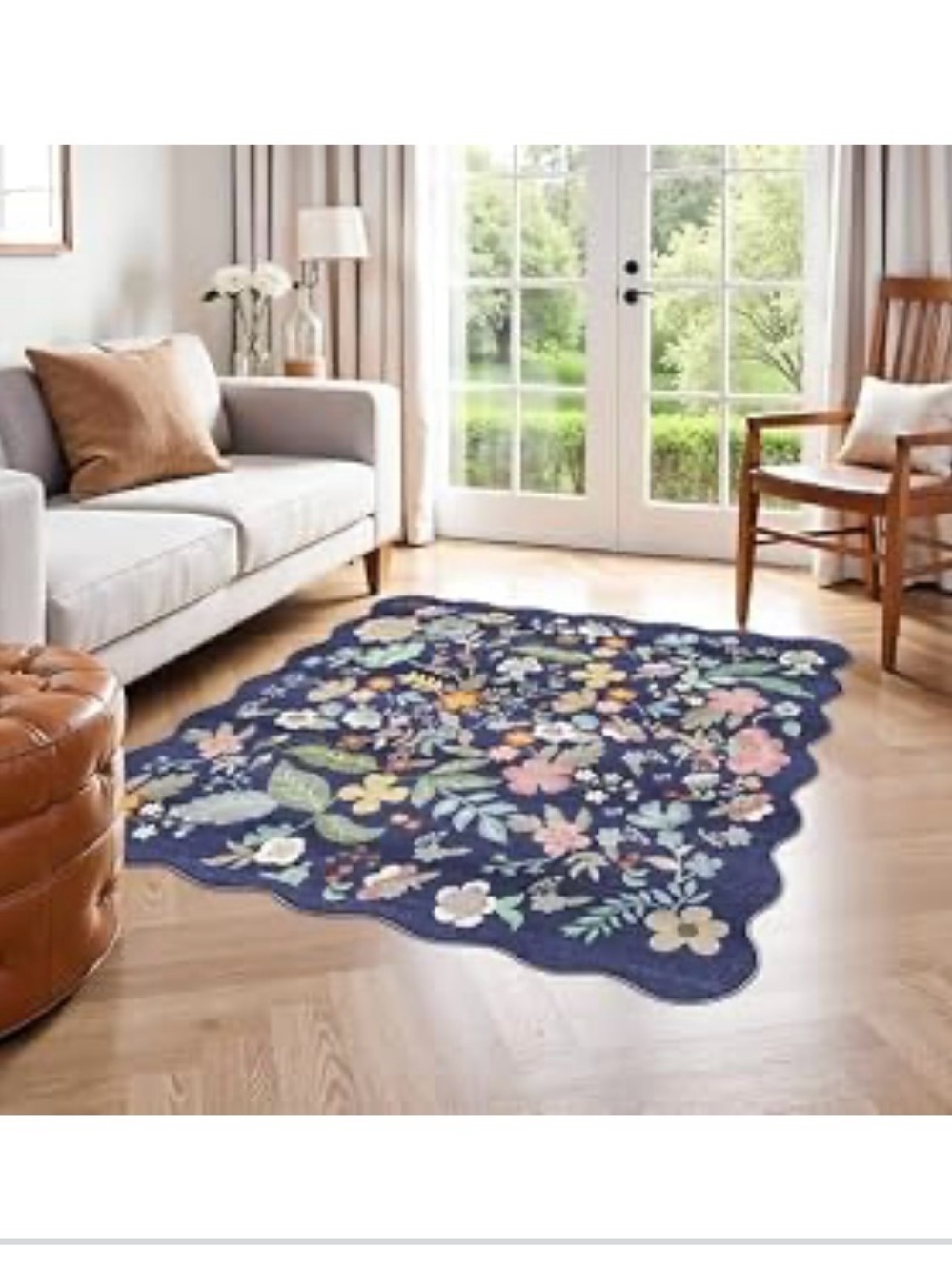 Floral Navy Blue Area Rug with Pastel Flower Pattern - Home Accents